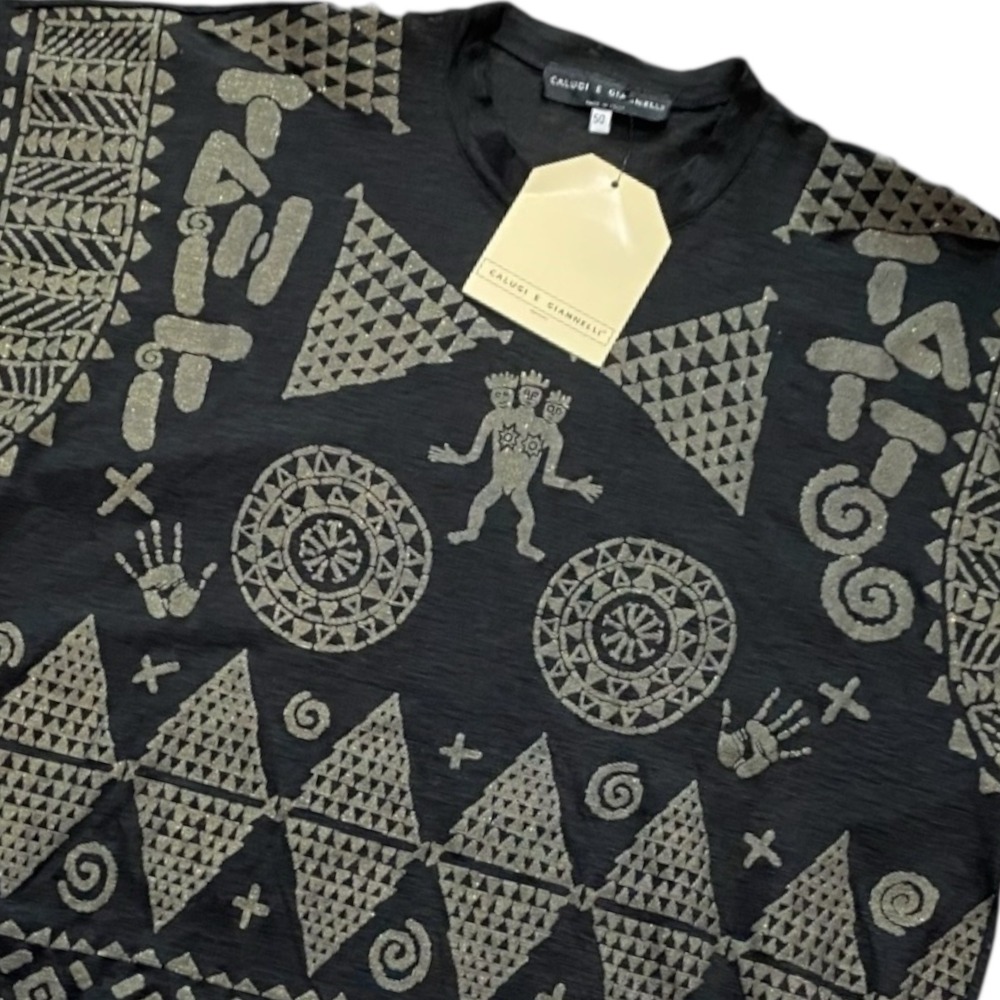 Calugi E Giannelli NWT Black Linen Tribal Graphic Print Shirt Size 50/L VTG 80s